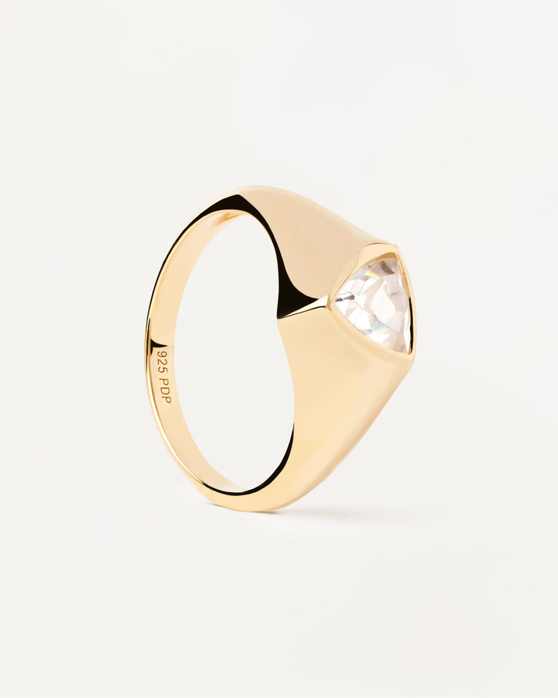 Gold-plated silver statement ring with triangular white zirconia