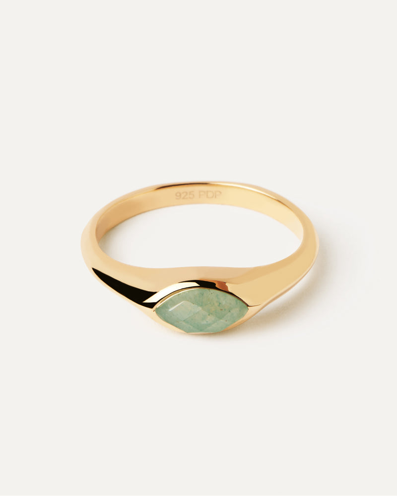 Gold-plated signet ring embellished with marquise cut green gemstone