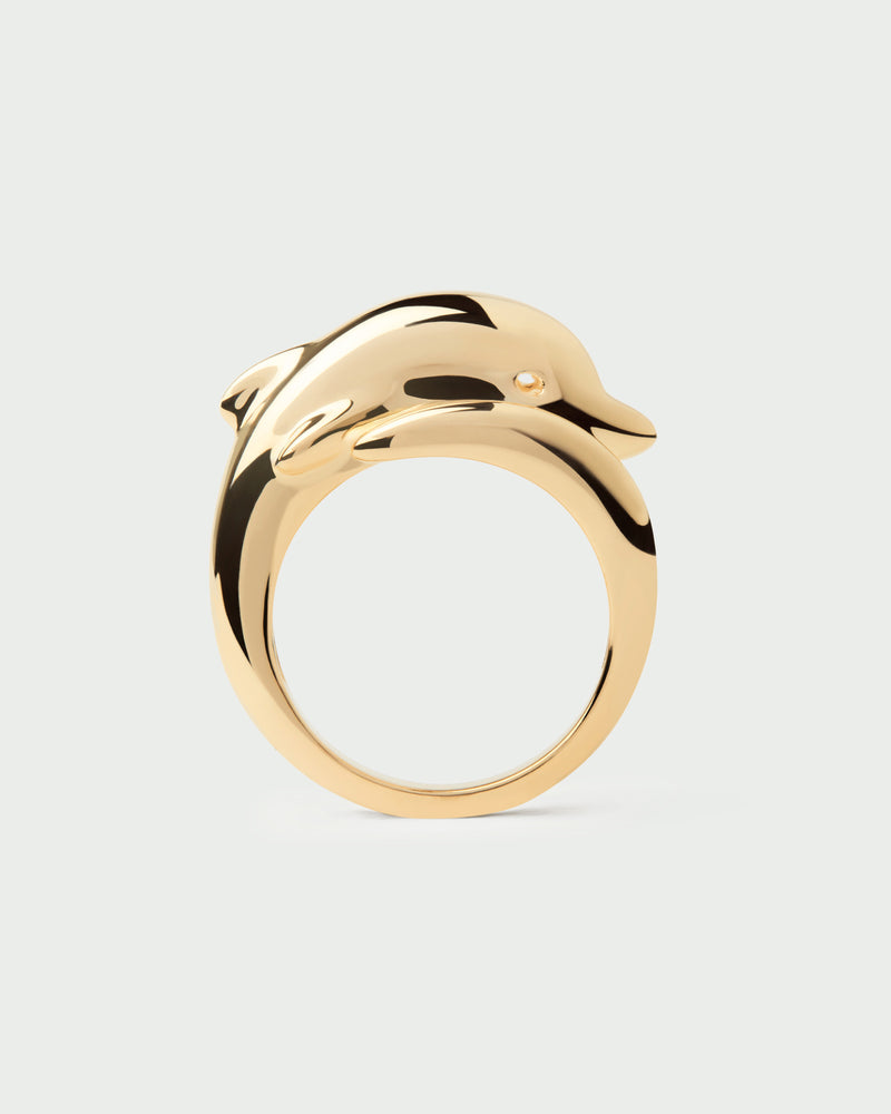Gold-plated modern dolphin ring with a sculptural shape