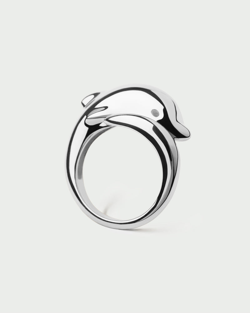 Silver modern dolphin ring with a sculptural shape