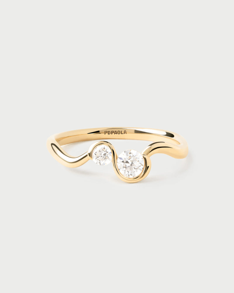 Dainty 18K gold You and Me ring featuring two-stone lab-grown diamonds and fluid lines