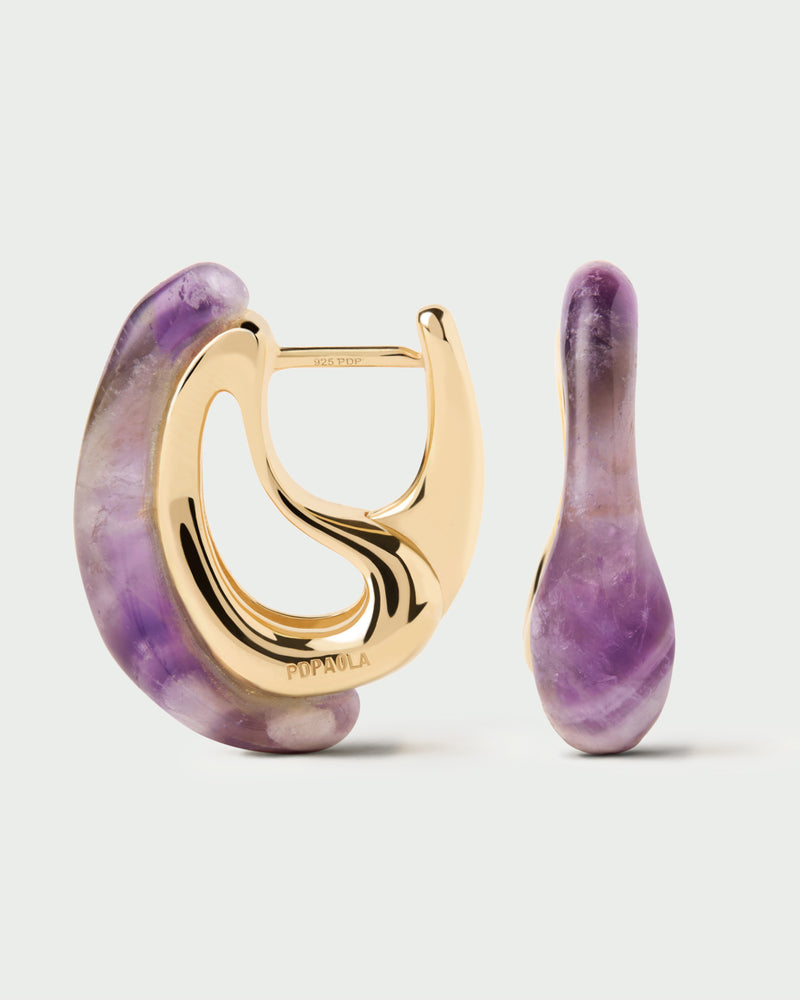 Gold-plated sculptural hoop earrings embellished with a wavy drop purple gemstone