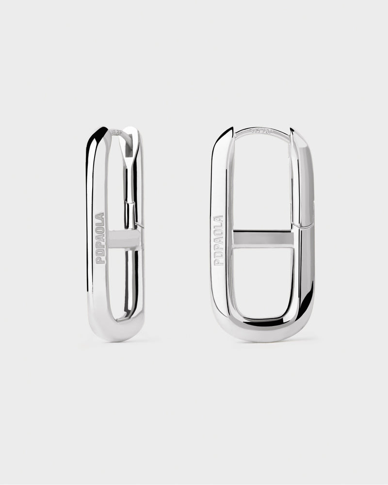 Silver geometric oval hoop earrings with horizontal crossbar