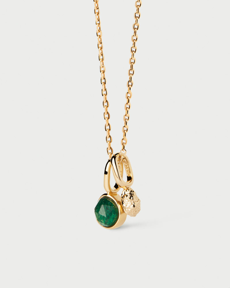 Gold-plated necklace with two drop pendants featuring pavé zirconia and green aventurine