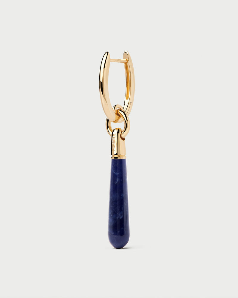 Gold-plated single hoop with a royal blue gemstone drop pendant