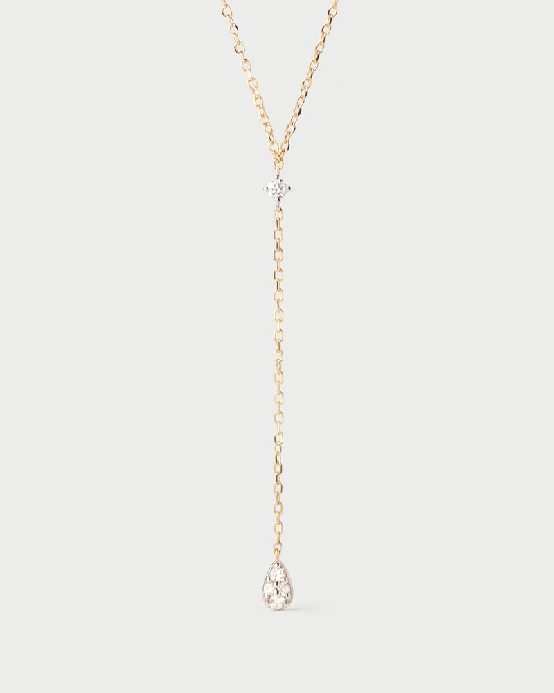 Y chain necklace in yellow gold with two round lab-grown diamonds and a long drop pendant