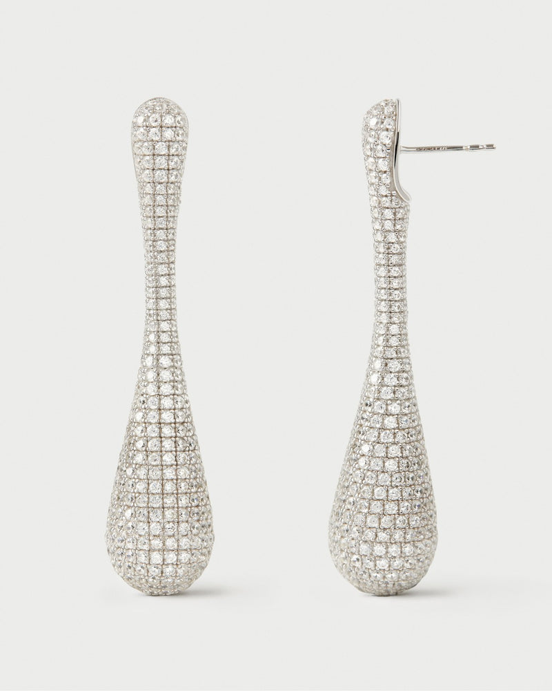 Elegant long drop earrings with pavé zirconia and sculptural design