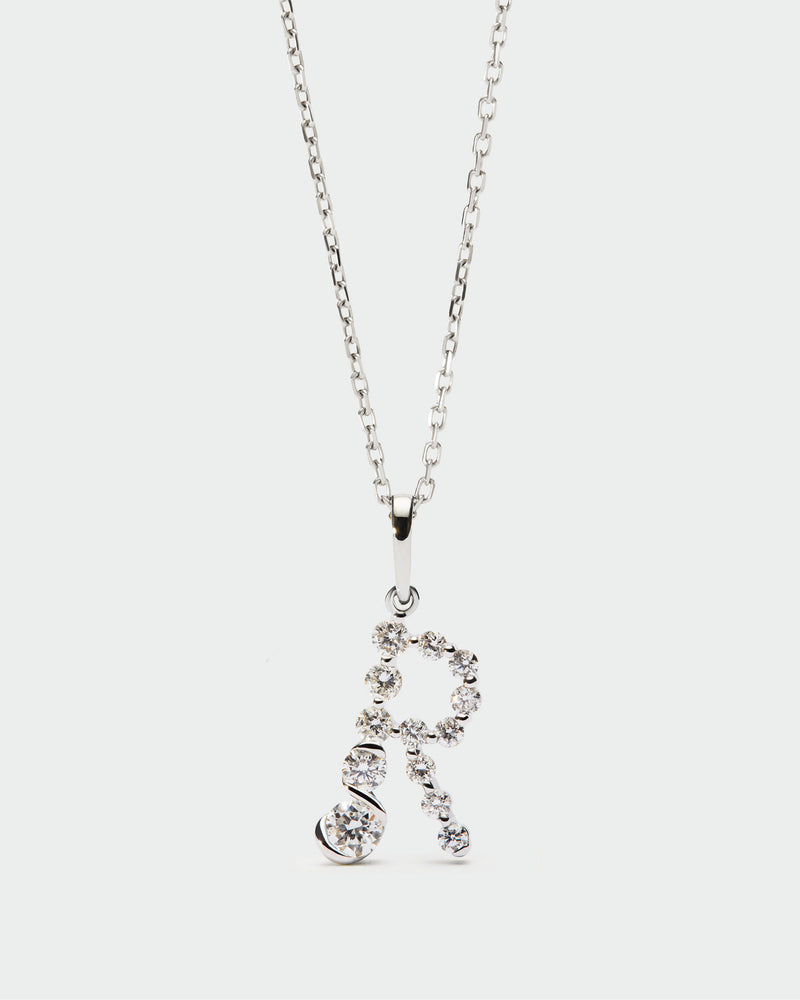 Diamonds and white gold R initial pendant - 
  
    18K White gold / Rhodium silver plating
  
