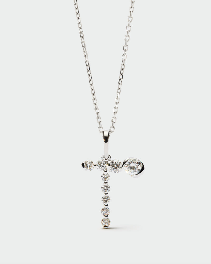 Diamonds and white gold T initial pendant - 
  
    18K White gold / Rhodium silver plating
  
