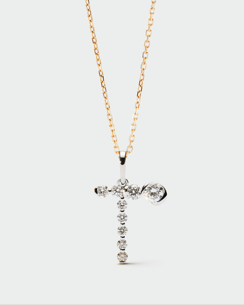 Diamonds and white gold T initial pendant - 
  
    18K White gold / Rhodium silver plating
  
