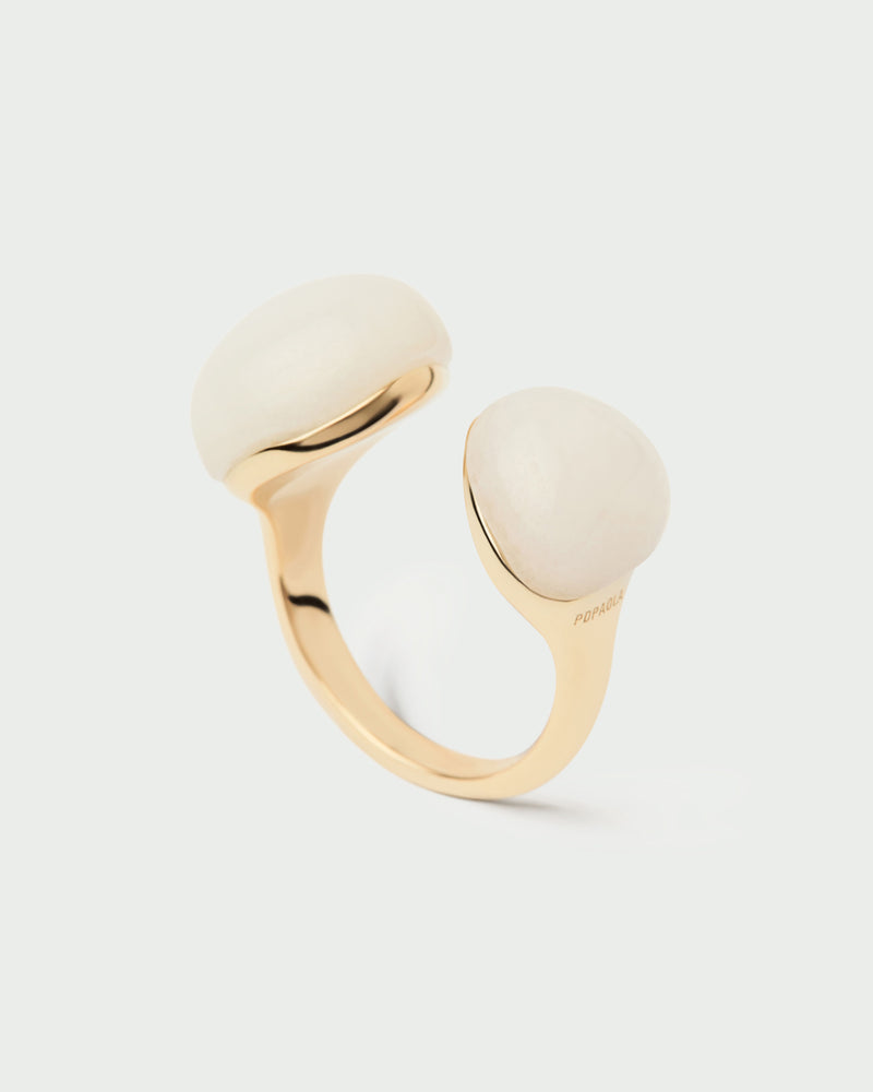 Gold-plated sculptural open ring embellished with two organic white gemstones