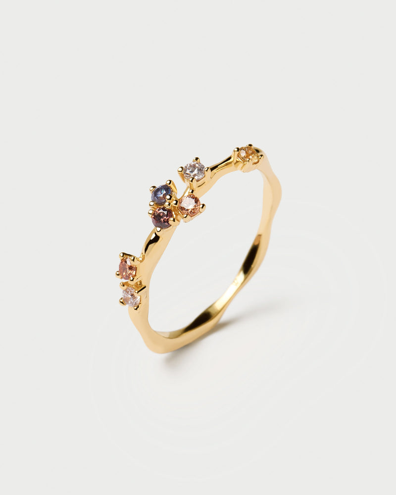 Gold-plated silver ring with five color zirconias