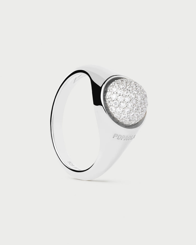 Sterling silver half sphere ring topped with an oval pavé zirconia
