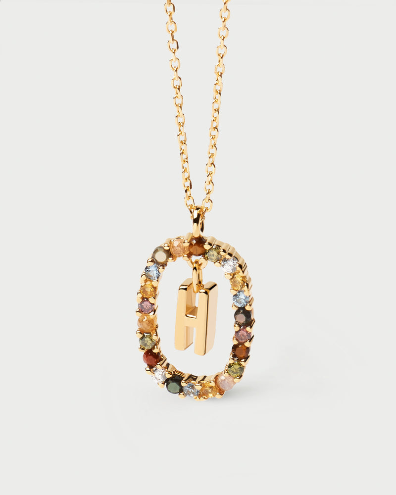 Initial H necklace in gold-plated silver, circled by colorful gemstones