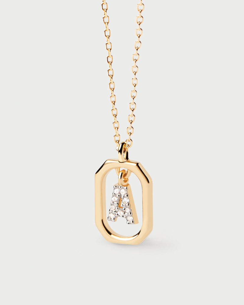 Small initial A necklace in zirconia inside gold-plated silver octagonal pendant