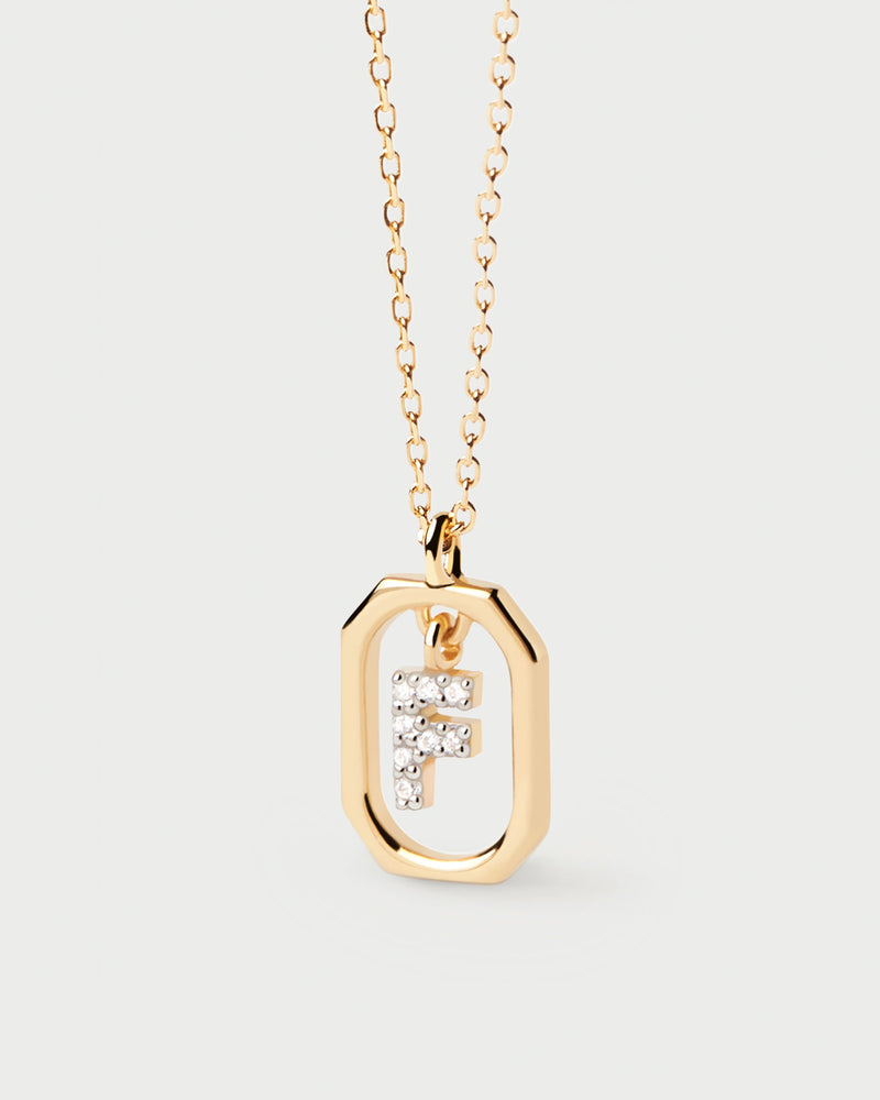 Small initial F necklace in zirconia inside gold-plated silver octagonal pendant