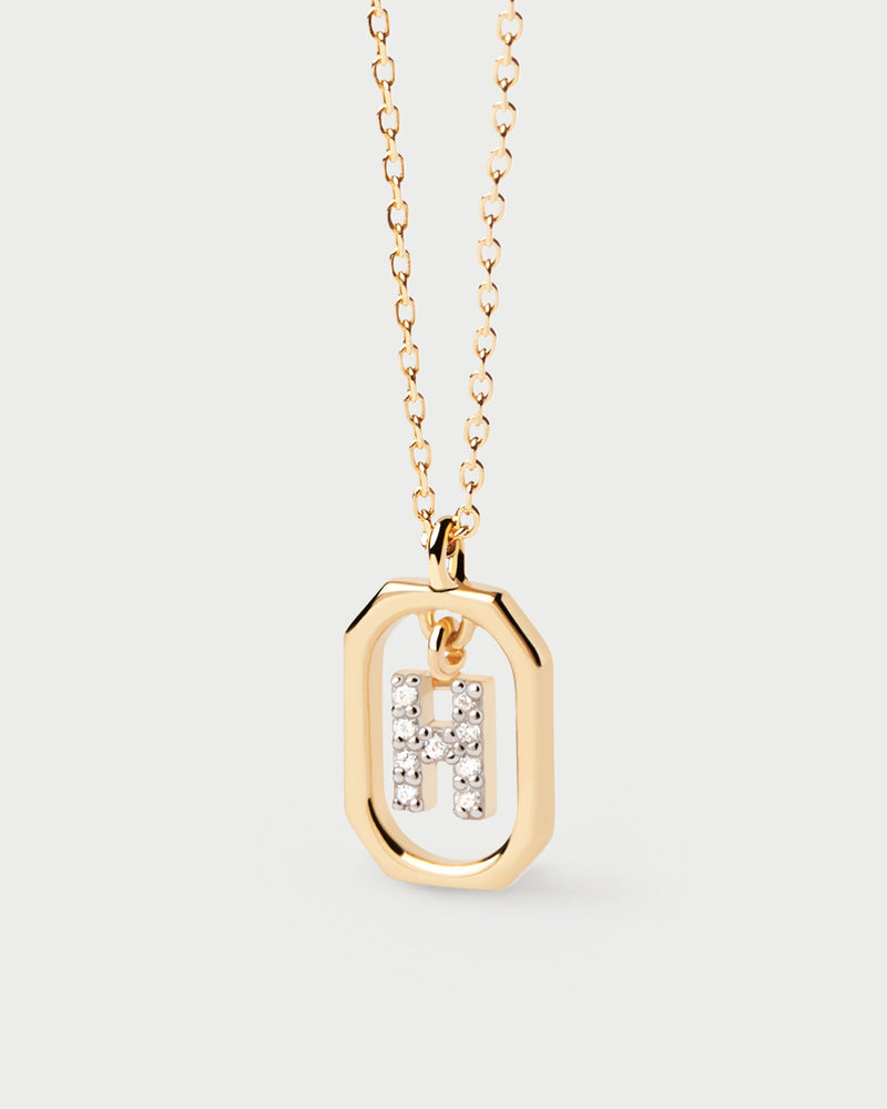Small initial H necklace in zirconia inside gold-plated silver octagonal pendant