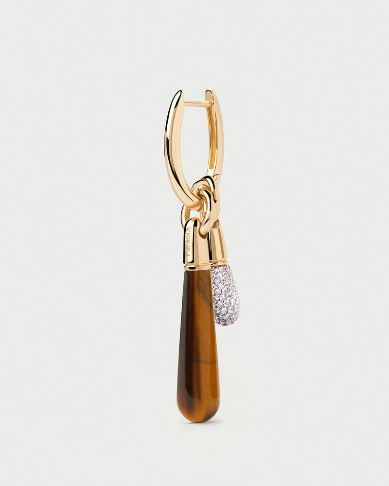 Gold-plated single hoop with a brown gemstone drop pendant