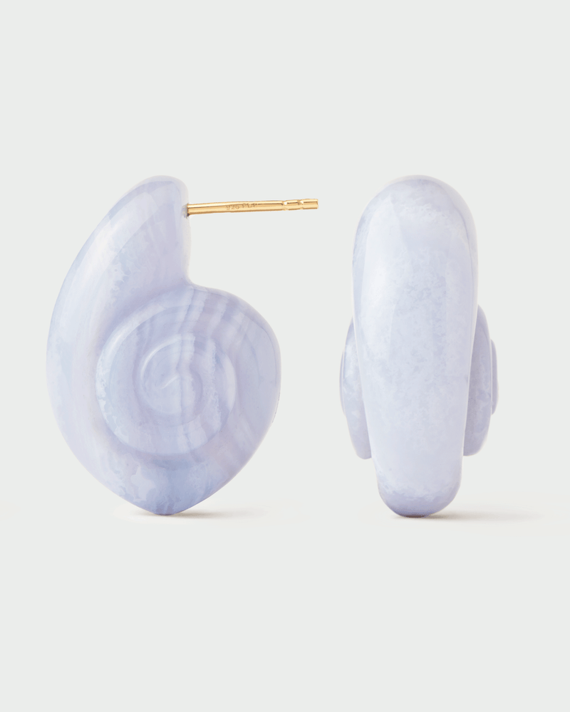 Gold-plated sculptural hand-carved blue gemstone sea snail earrings